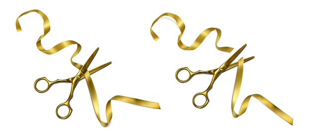 Złote nożyczki przecinają wstążkę podczas uroczystej ceremonii otwarcia, inauguracji lub inauguracji.