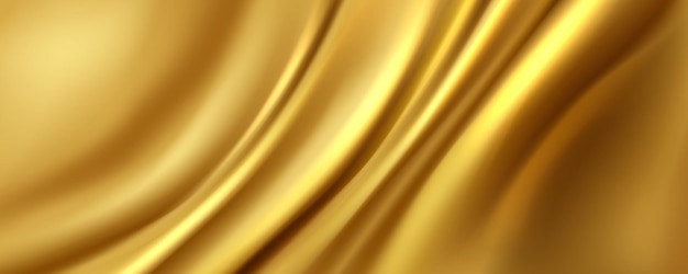 Bezpłatny wektor złote satynowe tło wektor realistyczna ilustracja żółtej jedwabnej tkaniny z gładką błyszczącą teksturą luksusowy miękki materiał włókienniczy z falistą powierzchnią zasłona z abstrakcyjnymi fałdami płynna farba