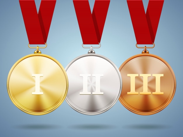 Złote, srebrne i brązowe medale na wstążkach z błyszczącymi metalicznymi powierzchniami i rzymskimi cyframi za jeden, dwa i trzy za zwycięstwo i miejsce w zawodach sportowych lub wyzwaniu biznesowym