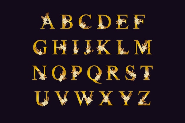 Złoty alfabet z eleganckimi kwiatami
