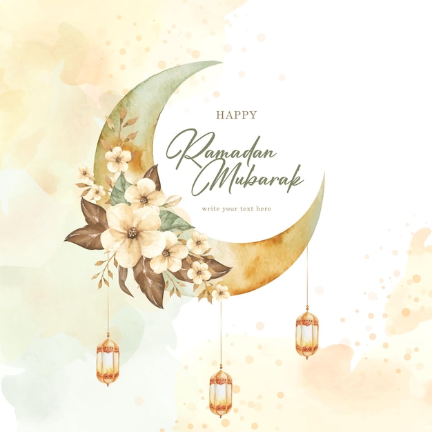 Złoty Półksiężyc Malarstwo Z Ornamentem Kwiatów Na Tle Karty Z Pozdrowieniami Ramadan Mubarak