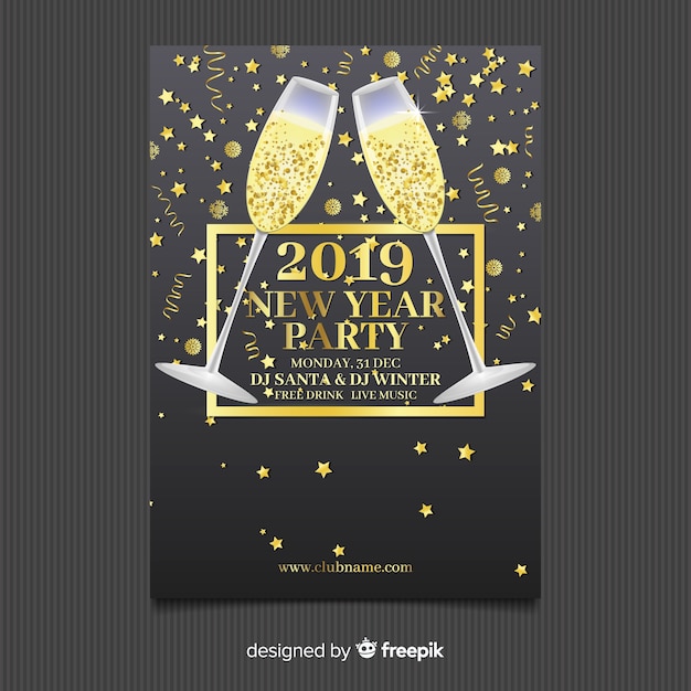 Bezpłatny wektor złoty szampan nowy rok party plakat szablon