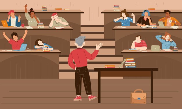 Zmęczeni i senni studenci na znudzonym wykładzie