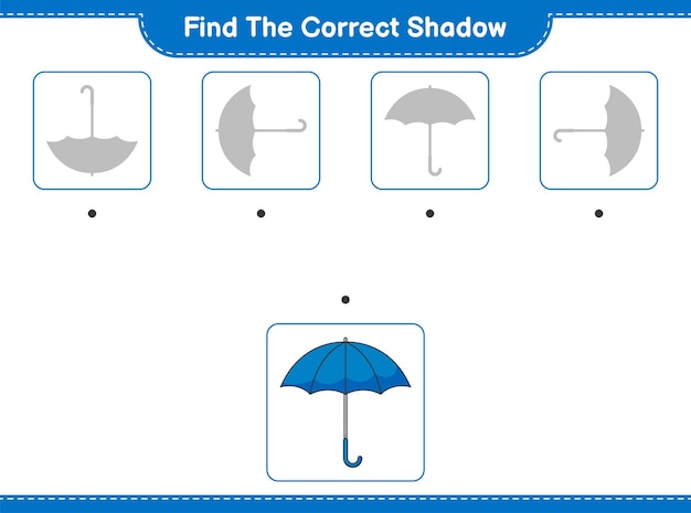 Znajdź odpowiedni cień. znajdź i dopasuj odpowiedni cień parasola. gra edukacyjna dla dzieci, arkusz do druku, ilustracja wektorowa