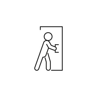 Znak reguły zamknij drzwi. prośba, ostrzeżenie. osoba zamknięta drzwi. ilustracja wektorowa linii sztuki