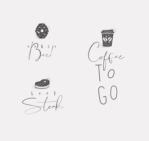 Znak żywności napis miód pszczeli stek kawa rysunek w stylu minimalizmu