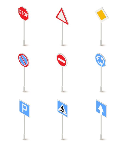 Znaki drogowe ilustracje izometryczne zestaw ostrzeżenie o zakazie i zezwolenie na znaki drogowe izolowane clipart Symbole na stalowych uchwytach zatrzymaj przejście dla pieszych zakaz wjazdu zakaz parkowania