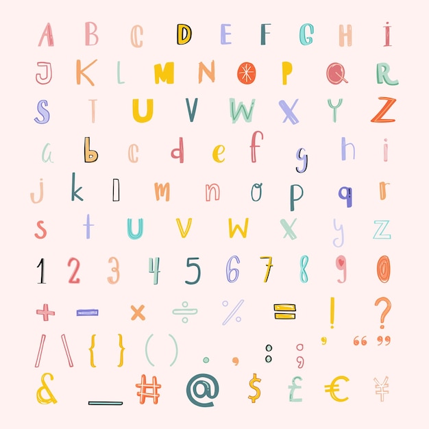 Bezpłatny wektor znaki interpunkcyjne cyfr alfabetu wektor doodle zestaw pastelowych czcionek