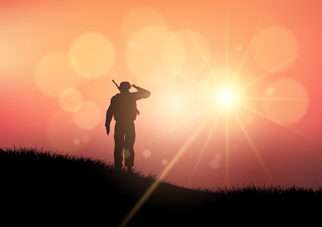 Bezpłatny wektor Żołnierz salutuje o zachodzie słońca