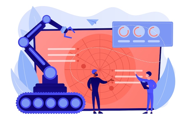 Bezpłatny wektor Żołnierze przy radarze planujący użycie robota do działań wojennych. robotyka wojskowa, zautomatyzowane maszyny wojskowe, koncepcja technologii robotów wojskowych