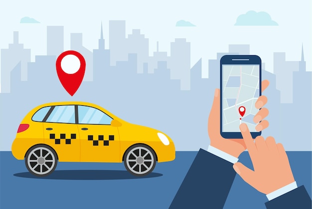 Żółta taksówka. ręce ze smartfonem i aplikacją taxi w mieście. koncepcja usługi taksówkowej. ilustracja wektorowa w stylu płaski eps 10