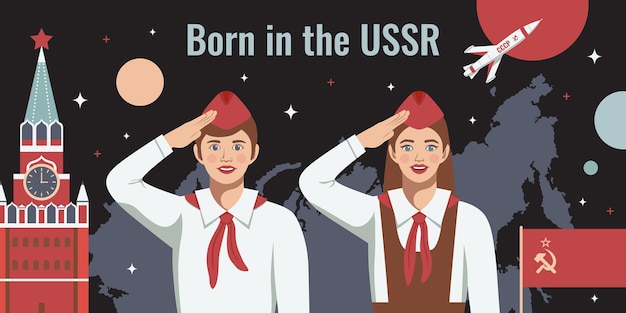 Zsrr pozioma kompozycja tekstu i sowieckiej flagi z wieżą kremla latającą rakietą i młodymi pionierami z ilustracją tekstu „urodzony w zsrr”