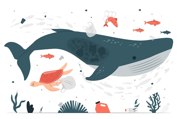 Bezpłatny wektor zwierzęta cierpiące z powodu ilustracji koncepcji zanieczyszczenia oceanu