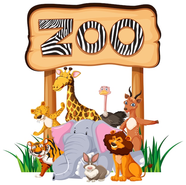 Bezpłatny wektor zwierzęta w zoo przy znaku wejścia