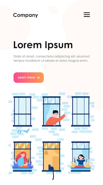 Bezpłatny wektor Życie codzienne w otwartych oknach. sąsiad, budynek, szablon strony internetowej domu