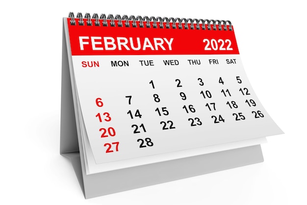 2022 rok kalendarz lutowy na białym tle. renderowanie 3d