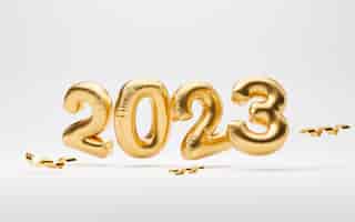 Bezpłatne zdjęcie 2023 złoty balon na białym tle do przygotowania szczęśliwego nowego roku wesołych świąt i rozpoczęcia nowej koncepcji biznesowej przez realistyczny render 3d