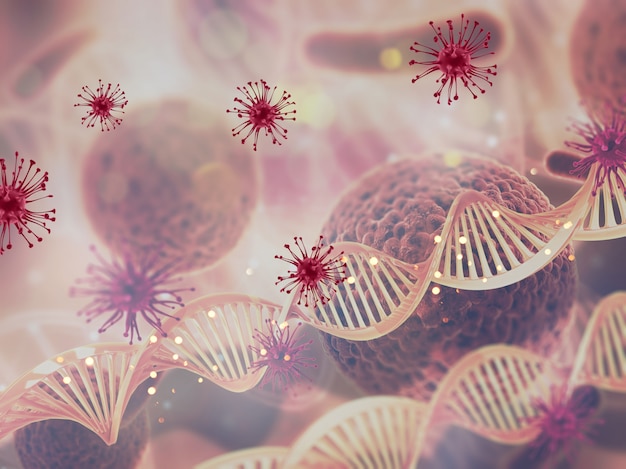 Bezpłatne zdjęcie 3d abstrakcyjne tło medyczne z komórkami wirusa i nici dna