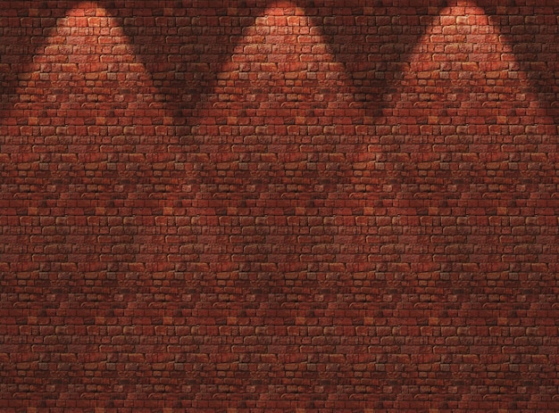 Bezpłatne zdjęcie 3d czerwony ceglany mur z reflektorów świeci w dół