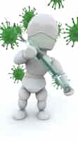 Bezpłatne zdjęcie 3d czynią z człowieka ze strzykawką w otoczeniu bakterii
