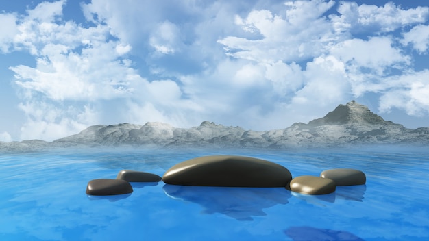 3D czynią z gładkich kamieni w morzu na tle błękitnego nieba deszczu górami w tle