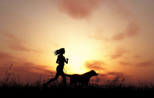 3D czynią z kobiety i pies jogging przed zachodem słońca niebo