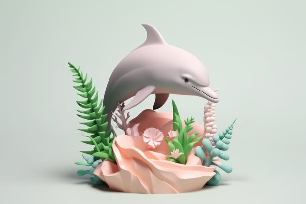 3d delfin z roślinami