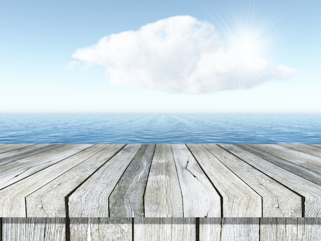 Bezpłatne zdjęcie 3d drewniany stół patrząc na krajobraz oceanu