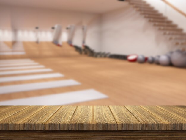 3D drewniany stół patrząc na nowoczesne wnętrze siłowni