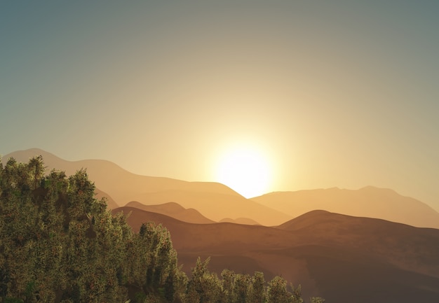 3D drzewa i górski krajobraz o wschodzie słońca