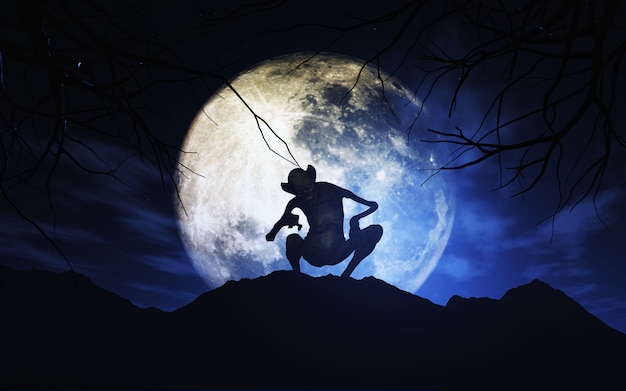 Bezpłatne zdjęcie 3d halloweenowy tło z istotą przeciw moonlit niebu