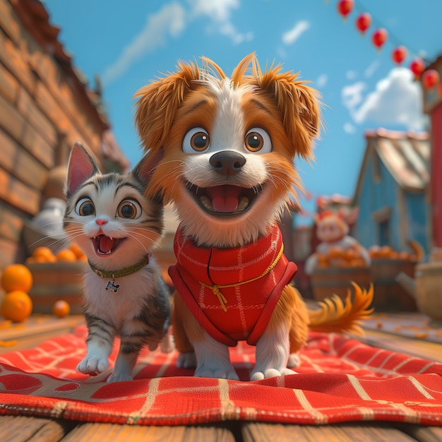 Bezpłatne zdjęcie 3d illustration showcasing friendship between cats and dogs