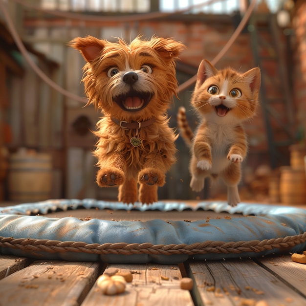 Bezpłatne zdjęcie 3d illustration showcasing friendship between cats and dogs