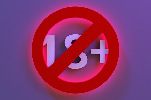3d ilustracja czerwony świecący znak ograniczenia wiekowego 18 lat na fioletowym tle. poniżej 18 lat jest zabronionym znakiem. numer osiemnaście w czerwonym kółku z przekreśloną linią. znak ograniczenia wiekowego