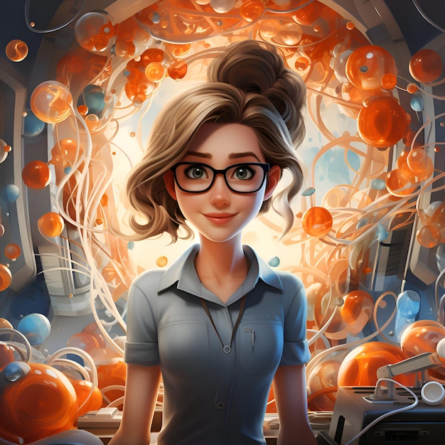 Bezpłatne zdjęcie 3d ilustracja pięknej dziewczyny w okularach w futurystycznym wnętrzu
