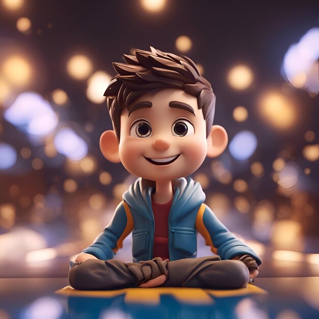 3D ilustracja słodkiego chłopca siedzącego na podłodze i uśmiechającego się