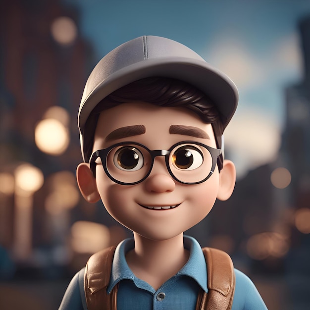 3D ilustracja słodkiego chłopca w czapce i okularach