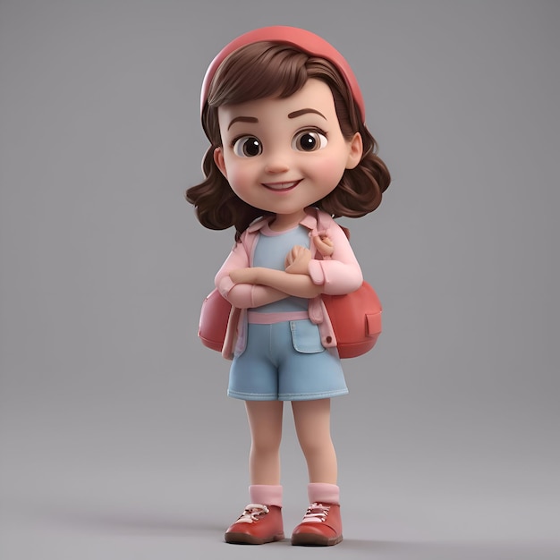 3D ilustracja słodkiej dziewczynki z plecakiem