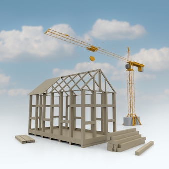 3d ilustracja szkieletowa budowa domu z dźwigiem nad obłocznym tłem. renderowanie 3d