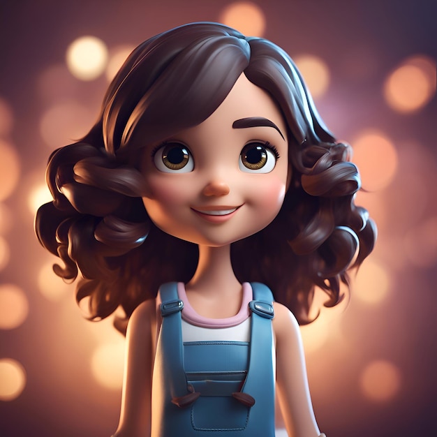 3D ilustracja uroczej dziewczynki z kreskówki z plecakiem na tle bokeh