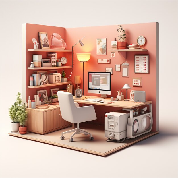 3d komputerowa stacja robocza z biurkiem w pokoju