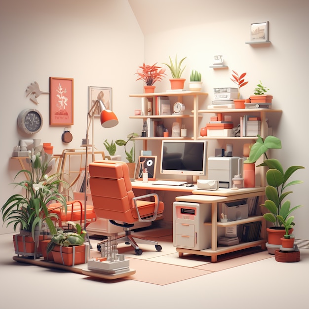 Bezpłatne zdjęcie 3d komputerowa stacja robocza z biurkiem w pokoju