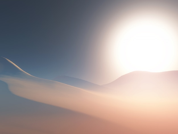 3D krajobraz mglistej pustynnej sceny o zachodzie słońca