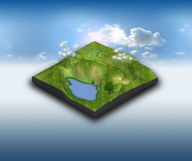 3D krajobrazowy teren z stawem na niebieskim niebie