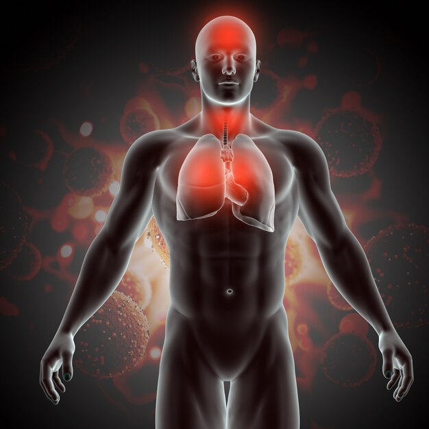 3D medyczna ilustracja z męską postacią pokazuje objawy wirusa Covid 19
