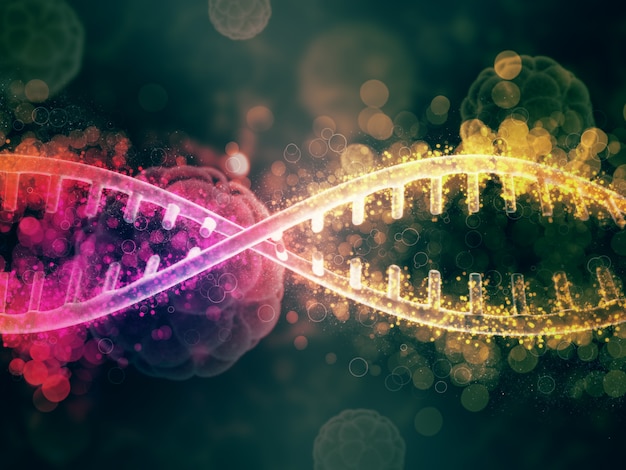 3D medyczny tło z abstrakcjonistycznymi DNA splata i defocussed wirusowymi komórkami