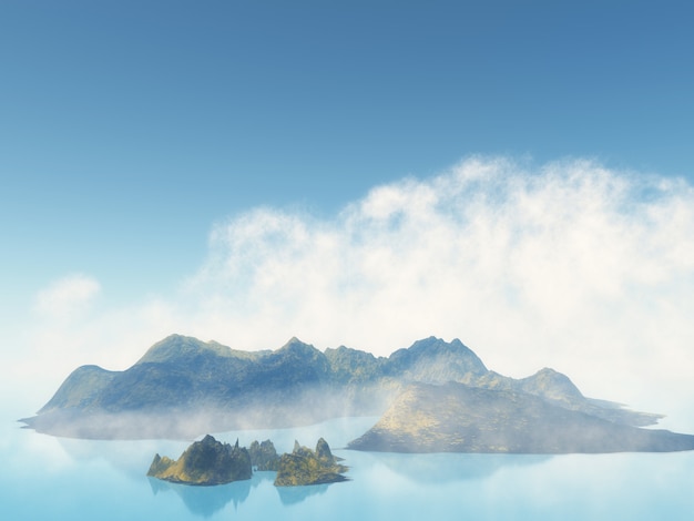 Bezpłatne zdjęcie 3d mglista wyspa na morzu