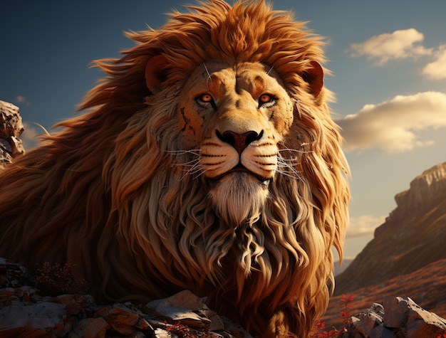 3D okrutny lew z tłem natury
