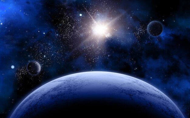 3D przestrzeni sceny z fikcyjnymi planet i gwiazd