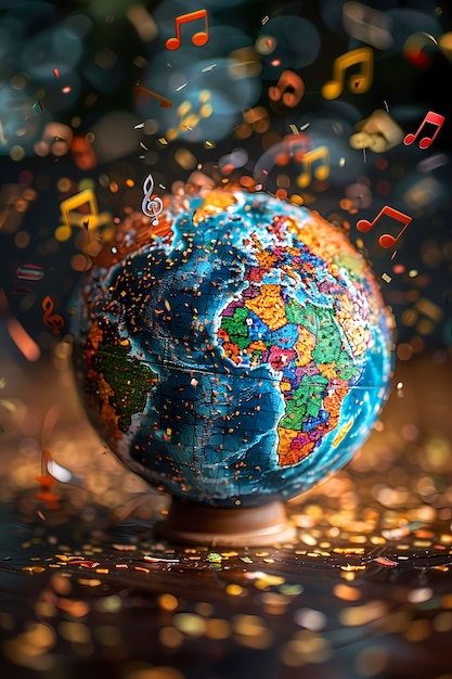 Bezpłatne zdjęcie 3d realistyczny globus z elementami muzycznymi